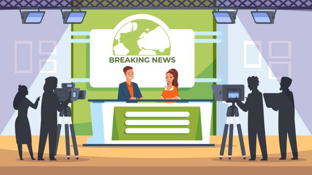 istock TV news studio. Backstage with crew cameraman light and equipment, television news broadcasting productions. Vector scene 1267018965
