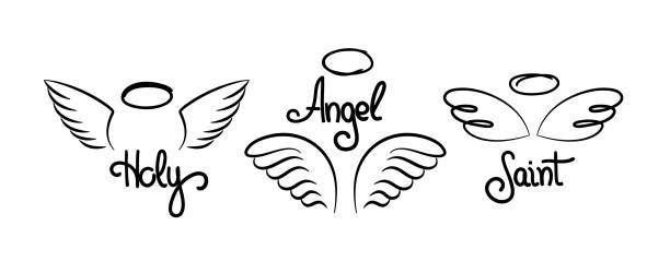 1910.m30.i020.n003.F.c06.1110299231 Doodle wings logo. Pair of hand drawn angel wings with decorative text and halo, heavenly religious emblems. Vector set Doodle wings logo. Pair of hand drawn angel wings with decorative text and halo, heavenly religious line emblems. Vector set illustration doodles divine holy symbol on white background angel wings drawing stock illustrations