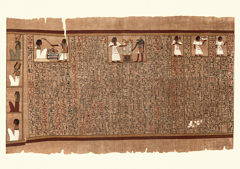 Vintage illustration from the Papyrus of Ani a papyrus manuscript in the form of a scroll with cursive hieroglyphs and color illustrations that was created c. 1250 BCE, during the Nineteenth Dynasty of the New Kingdom of Ancient Egypt.  Ani making offering to Anubis and priest