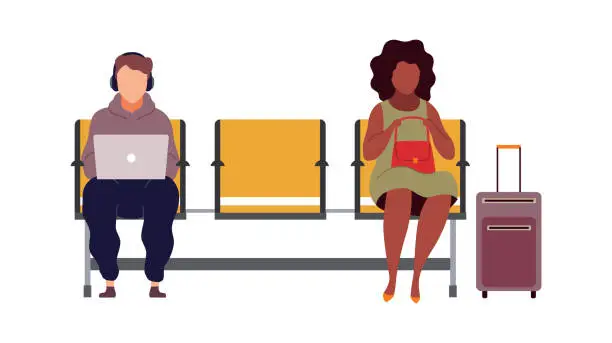 Vector illustration of People in airport arrival waiting room, departure lounge, characters sit on chair and wait plane with luggage and laptop, passengers with suitcases, vector flat cartoon illustration