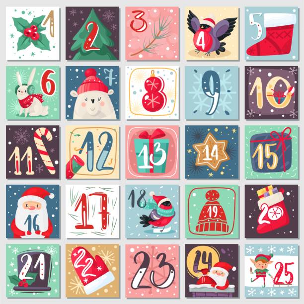 istock Christmas advent calendar. Winter festive poster with rabbit, bear and santa, xmas decoration and numbers, december calendar vector template 1267023575