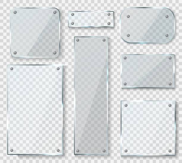 ilustrações de stock, clip art, desenhos animados e �ícones de glass panels with screws. acrylic empty square banners with glossy glare reflections, realistic wall window with shadows isolated on transparent background, 3d vector mockups collection - acrylic