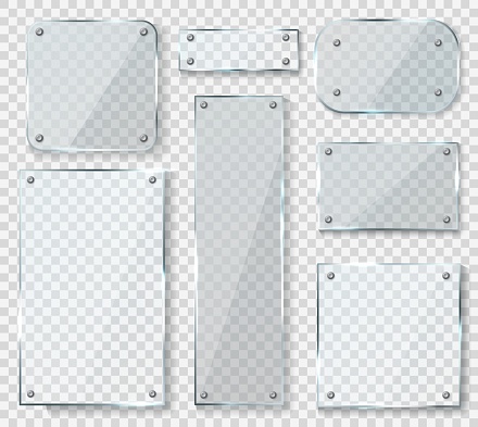 Glass panels with screws. Acrylic empty square banners with glossy glare reflections set, realistic clear wall window with shadows isolated on transparent background, 3d vector mockups collection