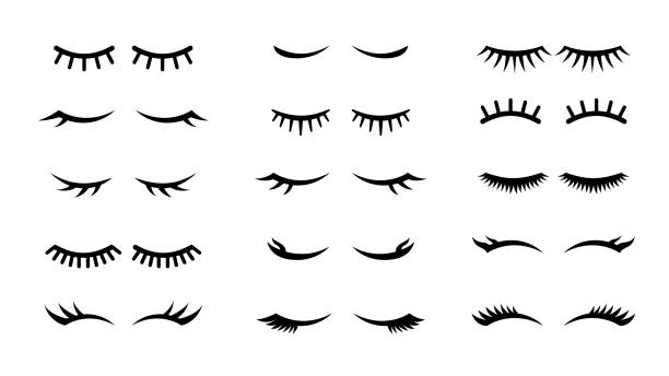 geschlossene mädchenaugen und wimpern. verschiedene geschlossene auge mit schönen schwarzen wimpern, mascara schönheit gesicht make-up linie vektor-set - wimper stock-grafiken, -clipart, -cartoons und -symbole