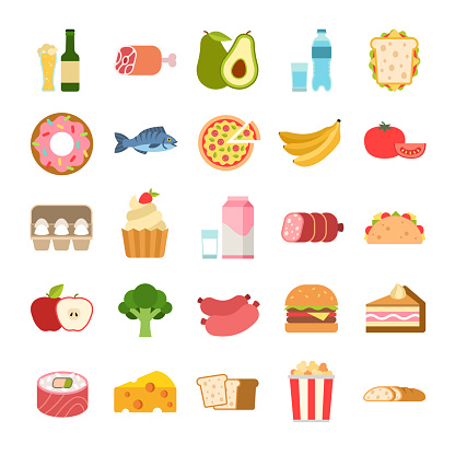 Ilustración de Iconos De Comida Plana Elementos De Planificación Del Menú Frutas Y Verduras Bebidas Queso Y Pan Leche Y Alcohol Carne Mariscos No Saludables Comer Vector De Dibujos Animados Aislados Conjunto Ilustración de Iconos De Comida Plana Elementos De Planificación Del Menú Frutas Y Verduras Bebidas Queso Y Pan Leche Y Alcohol Carne Mariscos No Saludables Comer Vector De Dibujos Animados Aislados Conjunto
