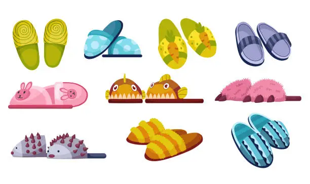 Vector illustration of Set of home footwear slippers. Soft comfortable slip on shoe for home in the differnt form. Pair slippers, textile domestic outfit element or garment shoes soft fabric