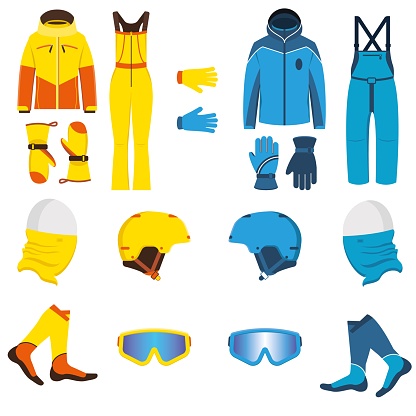 Ski wear vector illustration. Waterproof, breathable men and women clothing for winter sports and recreation.
