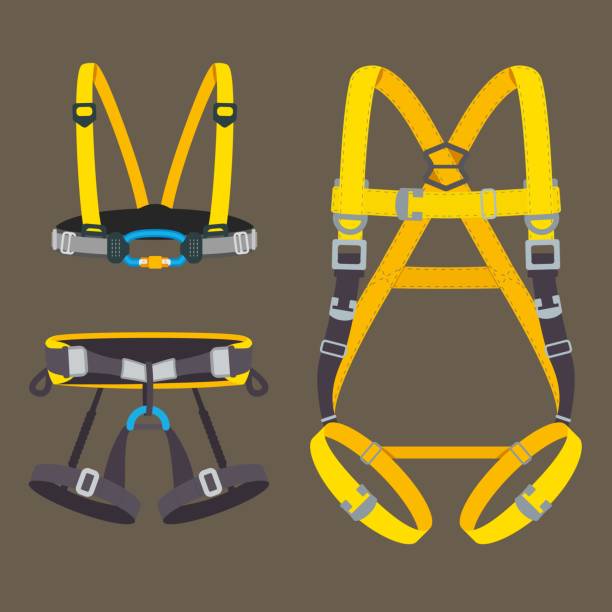 Safety harness fall protection set. Climbing, mountaineering, abseiling or rappelling gear. Industrial or construction safety seat belt, chest and full body types. Vector illustration. Safety harness fall protection set. Climbing, mountaineering, abseiling or rappelling gear. Industrial or construction safety seat belt, chest and full body types. Vector illustration. carbine stock illustrations