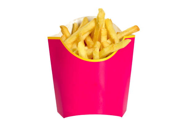 istock Fried potatoes in a pink roasting box isolated on a white background. 1267028924