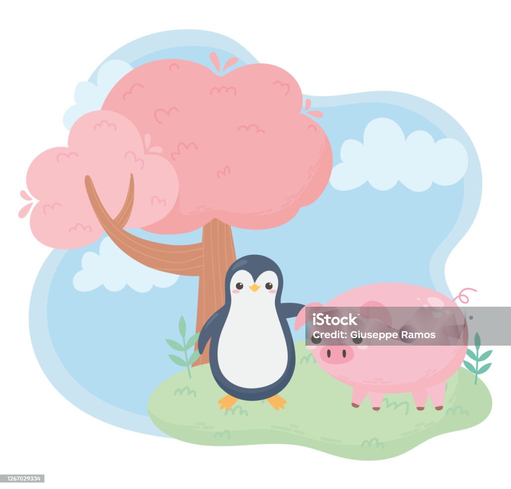 Chim Cánh Cụt Nhỏ Và Động Vật Hoạt Hình Cây Lợn Trong Cảnh Quan ...