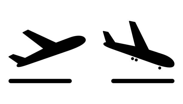 flughafenflugzeug ankunft und abflug symbole auf weißem hintergrund - ankunft stock-grafiken, -clipart, -cartoons und -symbole