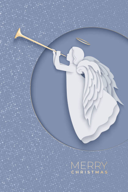 ilustrações de stock, clip art, desenhos animados e ícones de merry christmas paper cut style vertical card with angel - freedom praying spirituality silhouette