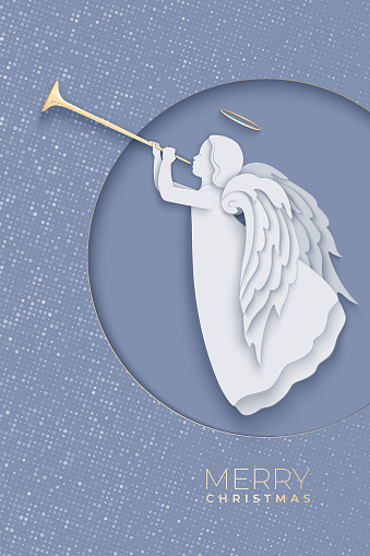 Angel with beautiful wings on a gray background. Front view silhouette of angel with trumpet in paper cut style with shadow. Vector illustration for Christmas, New Year, Easter design.