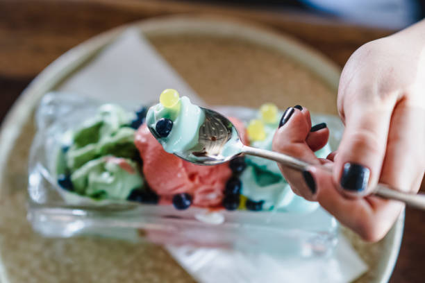 Spoon full of ice cream ( ice cream with bubble tea )