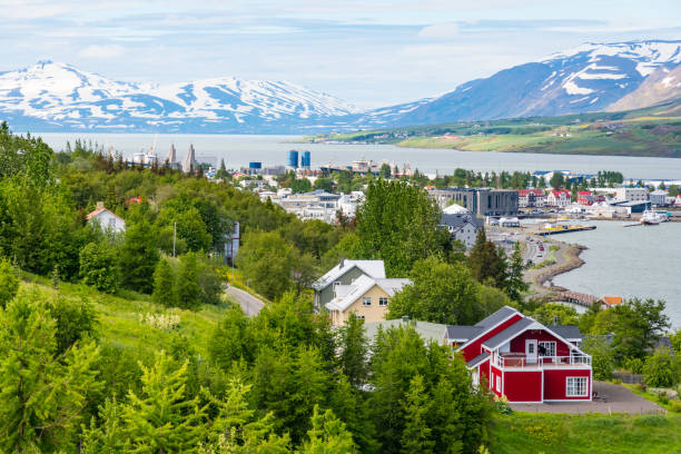Town of Akureyri in North Iceland Town of Akureyri in North Iceland on a summer day akureyri stock pictures, royalty-free photos & images
