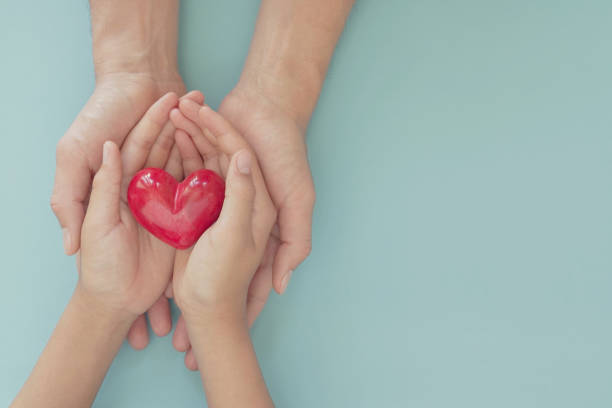 赤い心、ヘルスケア、愛、臓器提供、マインドフルネス、ウェルス、家族保険とcsrコンセプト、世界の心臓の日、世界の健康の日、ナショナル臓器提供日を保持する手 - world in hands ストックフォトと画像