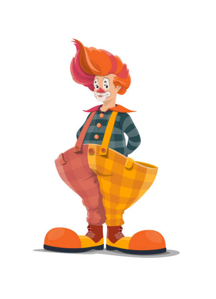 Clown, big top circus shapito clown in big pants Clown, big top circus shapito clown, funfair carnival vector isolated cartoon character. Retro big top circus clown in red wig, big boots and wide pants with suspenders, smile mask and red nose circus tent illustrations stock illustrations
