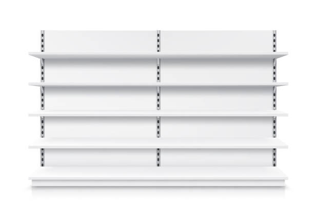 Trade shop shelf rack, isolated realistic stand Trade shelf, shop rack, isolated realistic store display and product showcase stand, vector mockup. Supermarket display stand or warehouse shelving racks with detachable shelves, 3D white metal model gondola stock illustrations