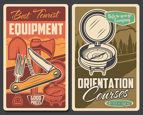 Tourism equipment, camp tent adventure and tourist, forest travel, vector trekking and hiking vintage posters. Forest camping, mountain expedition and scout school outdoor adventure equipment