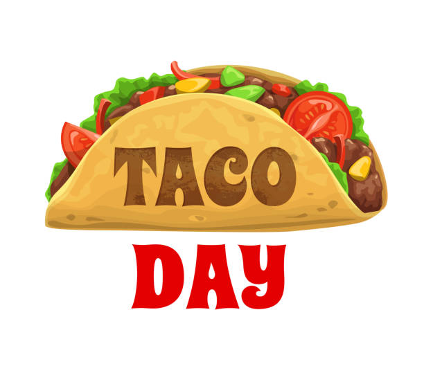 Taco day, national Mexican celebration holiday Taco day, national Mexican celebration holiday, vector Mexico food icon. Dia del Taco celebration day October 4 in America and March 31 in Mexico, traditional Latin American taco fast food menu tacos stock illustrations