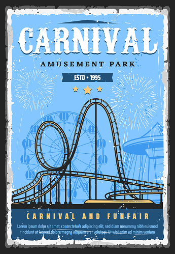 Amusement park roller coaster rides, funfair carnival and attractions, vector vintage retro poster. Family amusement park roller coaster mountain rides, Ferris wheel and carousels and fireworks