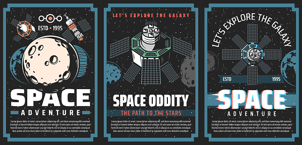 Universe galaxy outer space posters, planets and astronaut spaceship rocket, vector. Galaxy universe explorers of Moon, Saturn and Jupiter, cosmic station and satellites with asteroids in outer space