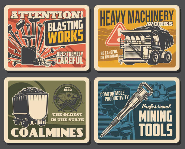 plakaty górnicze z węglem i rudą, fabryka przemysłu górniczego - rock quarry stock illustrations