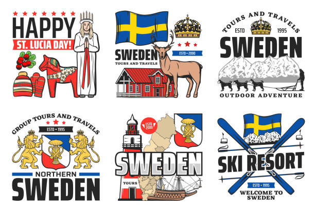 illustrazioni stock, clip art, cartoni animati e icone di tendenza di icone seden, vacanze di viaggio e cultura svedese - giorno di santa lucia