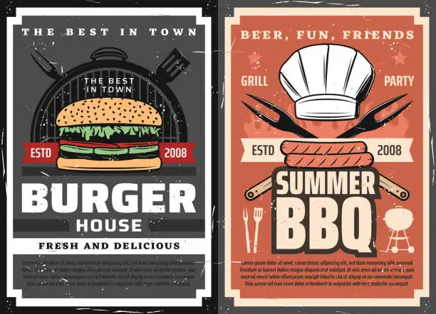 Vector illustration of Meat burgers and BBQ posters, grill food party