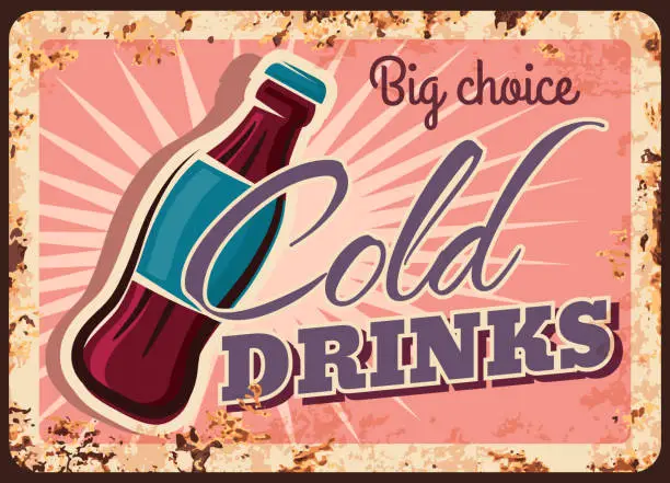 Vector illustration of Cold drinks rusty metal plate, soda bottle poster