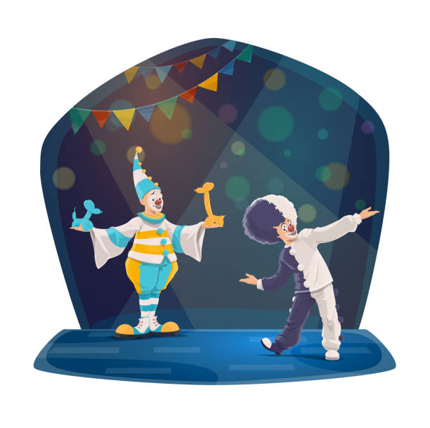 Top circus clowns cartoon vector characters Circus clowns cartoon vector characters. Two smiling clowns in colorful costumes, striped cap and wig, performing on Big Top Circus arena, dancing and entertains audience with balloon modeliing charades stock illustrations