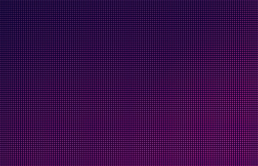 LED screen gradient background, pink and purple monitor dots. Close-up of the macrotexture of the display. Modern technology concept, RGB television backdrop. Vector illustration.