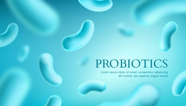 Probiotics vector background, bacteria supplement Probiotics vector background, lacto bacteria supplement, correct nutrition and digestion healthcare. Probiotcis micro lactobacillus acidophilus cells on blue backdrop for prebiotic food package design probiotic stock illustrations