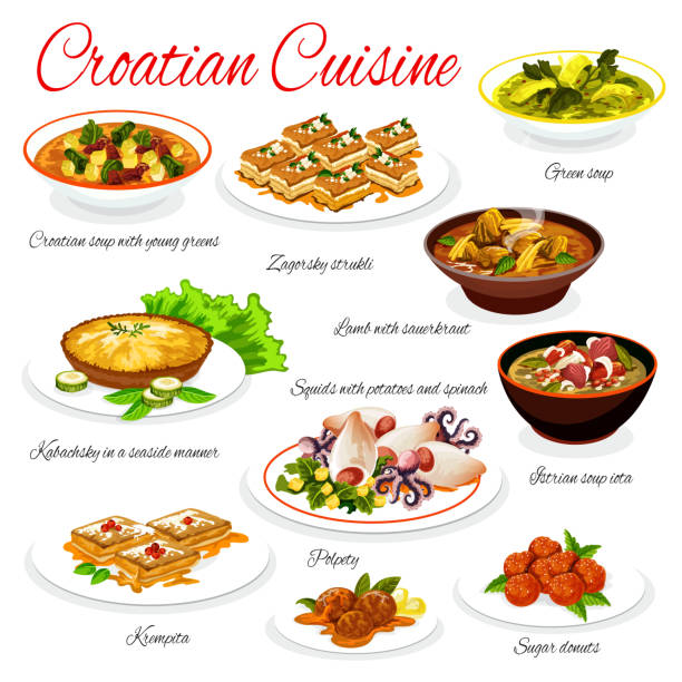 illustrazioni stock, clip art, cartoni animati e icone di tendenza di cucina croata modello di menu vettoriale croazia cibo - croazia