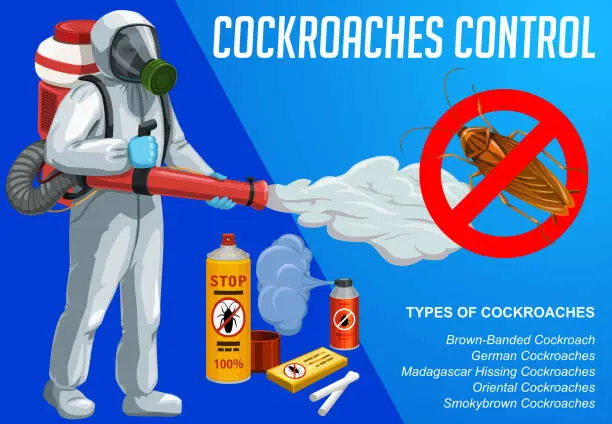 Vector illustration of Cockroach insect control with cold fogging method.