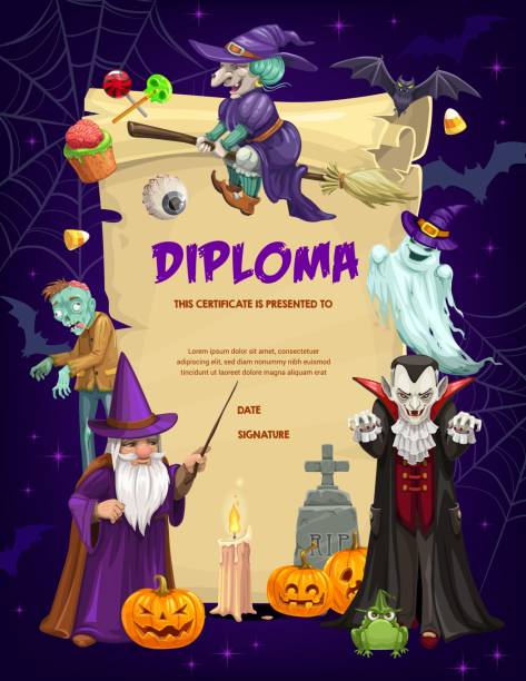 ilustraciones, imágenes clip art, dibujos animados e iconos de stock de diploma para niños con personajes vectoriales de halloween - halloween witch frame wizard