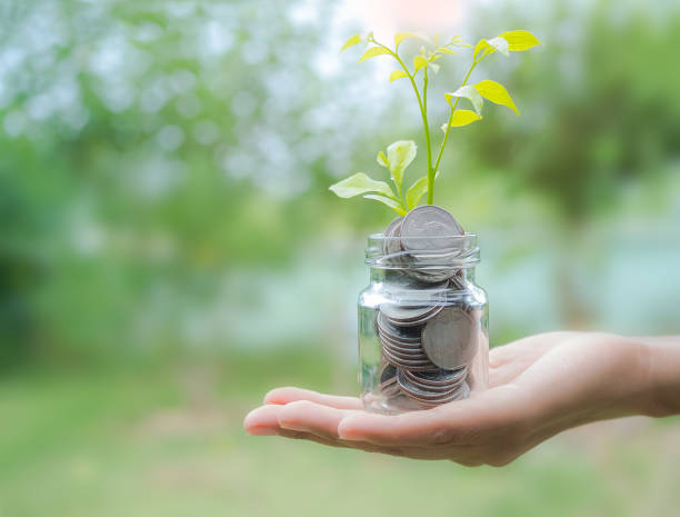 istock Future plan saving money for 2021 year concept. Close up hand holding coin and small tree in Glass bottle with green blur background. 1267052147