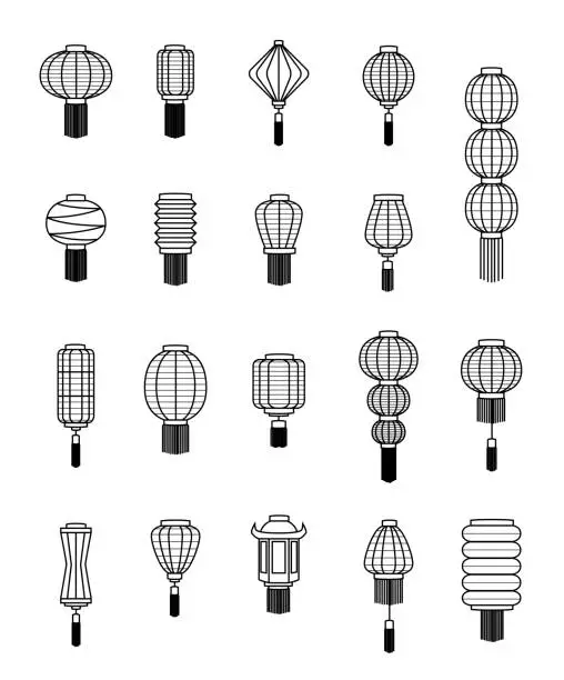 Vector illustration of Various Chinese Lantern Black and White Line Art Vector Illustration