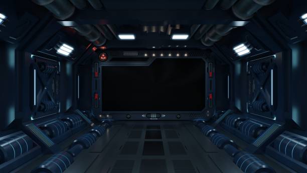 istock Science background fiction interior room sci-fi spaceship corridors blue. 1267052328
