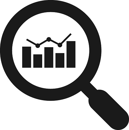 Analytics vector icon - magnifying glass with bar chart. Financial analysis and business analysis concept. Market research. Data analytics. Statistics.