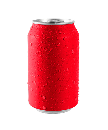 Soft drink in red aluminum bottle with drops at red background. Close up of detail