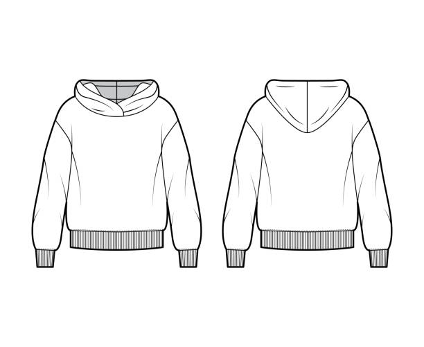 Oversized cotton-fleece hoodie technical fashion illustration with relaxed fit, long sleeves. Flat outwear jumper Oversized cotton-fleece hoodie technical fashion illustration with relaxed fit, long sleeves. Flat outwear jumper apparel template front, back white color. Women, men, unisex sweatshirt top CAD mockup cardigan clothing template fashion stock illustrations