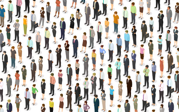 ilustrações de stock, clip art, desenhos animados e ícones de isometric crowd of people - individuality standing out from the crowd contrasts competition