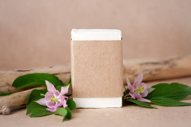 Zero waste natural cosmetics products on craft paper table. Flat lay, organic solid soap and shampoo bars, antibacterial handcrafted soap concept, mock up, organic detail, tropical flowers