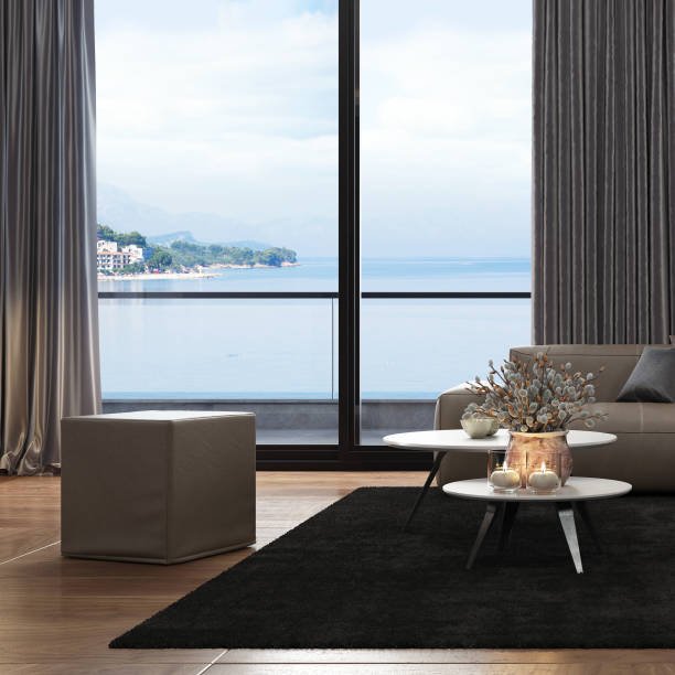 istock Luxury dark brown penthouse interior living room with modern minimalist style open space kitchen 1267055873