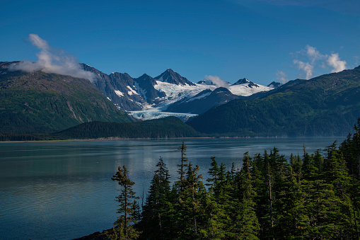 Distant view of glaciers and mountains in Alaska