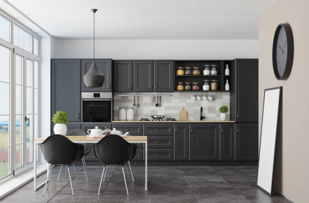 istock Modern Scandinavian kitchen and dining room with matte black traditional cabinet design 1267056684