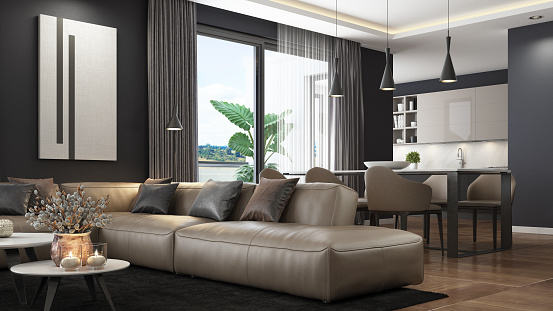Luxury apartment penthouse living room interior. Black carpet. Dark grey leather sofa. White coffee tables. \nFloor is light matte marble tiles. Dark walls. Italian style interior design. 3d rendering