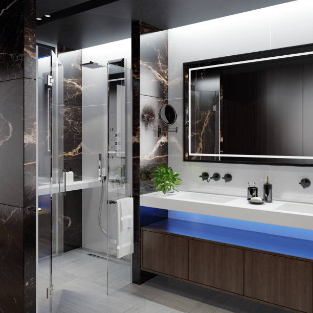 istock Luxurious bathroom with shower inspired by high class hotel room. Apartment interior 1267056842
