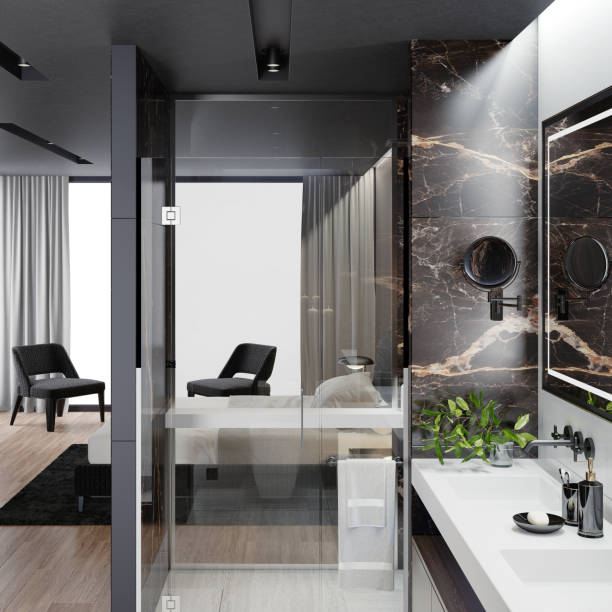 istock Luxurious apartment master bedroom interior with bathroom with shower inspired by high class hotel room. 1267057635